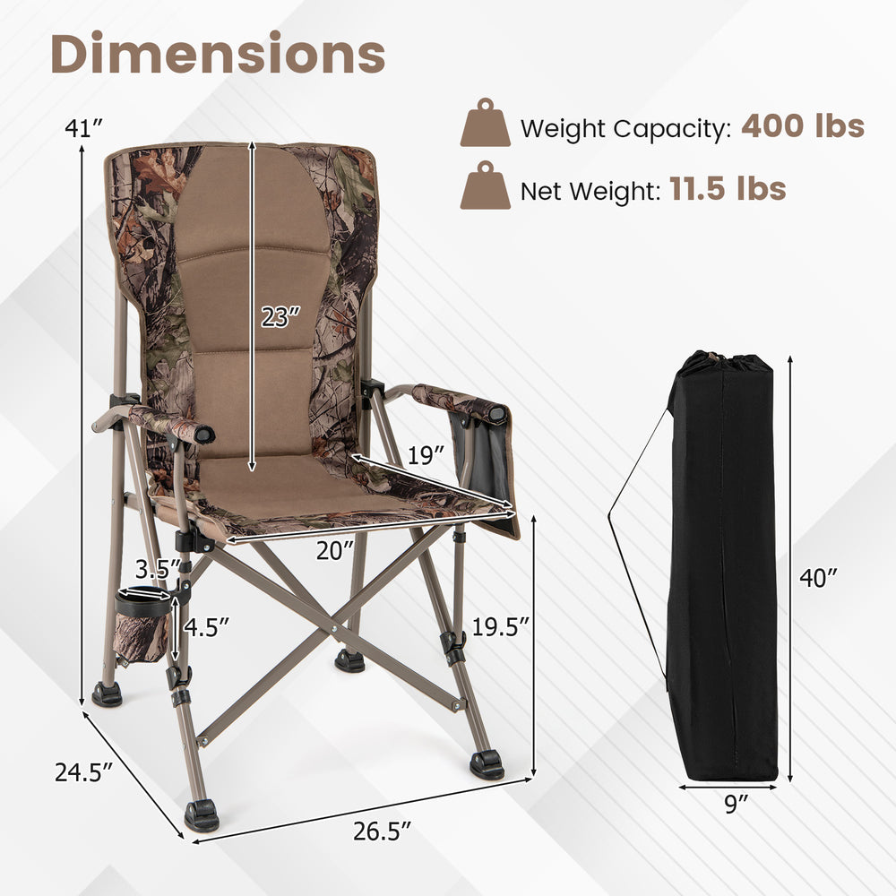Portable camping chair with 400 lbs capacity, featuring a wide backrest, cup holder, and foldable design for easy.