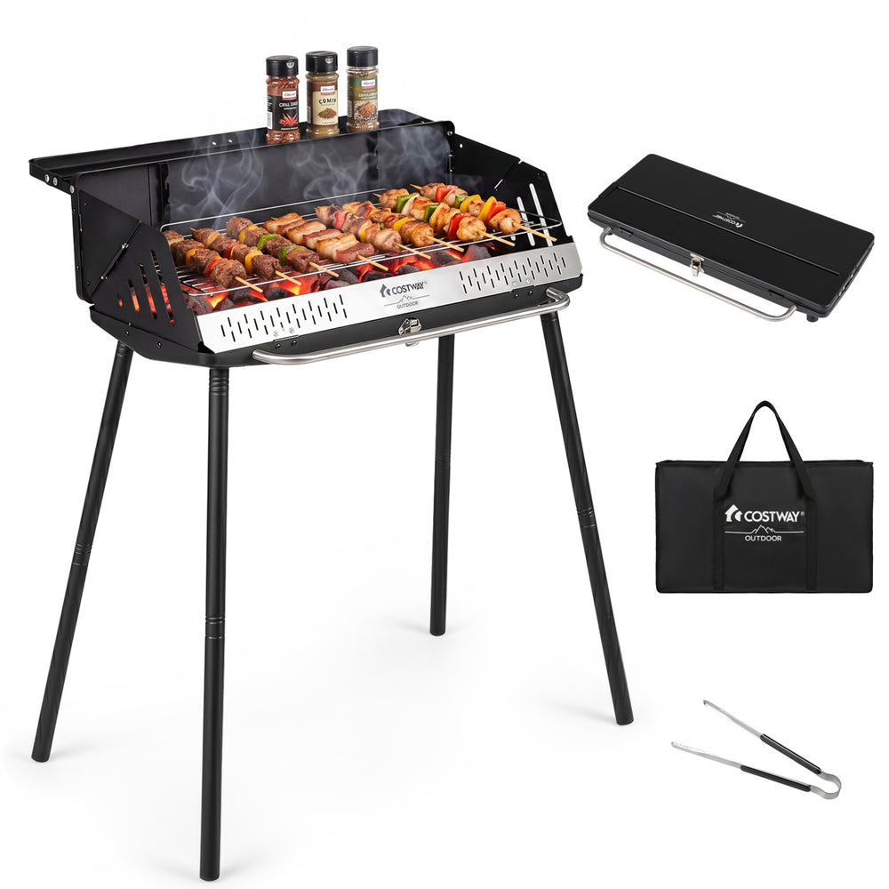 Portable charcoal grill featuring a foldable lifting handle and wind guard, perfect for outdoor grilling adventures.