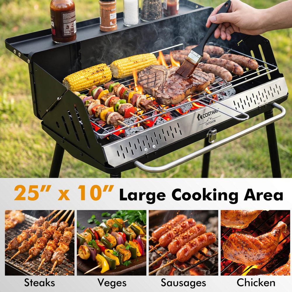 Portable charcoal grill with a 25" x 10" cooking area, featuring adjustable grate and detachable legs for easy.