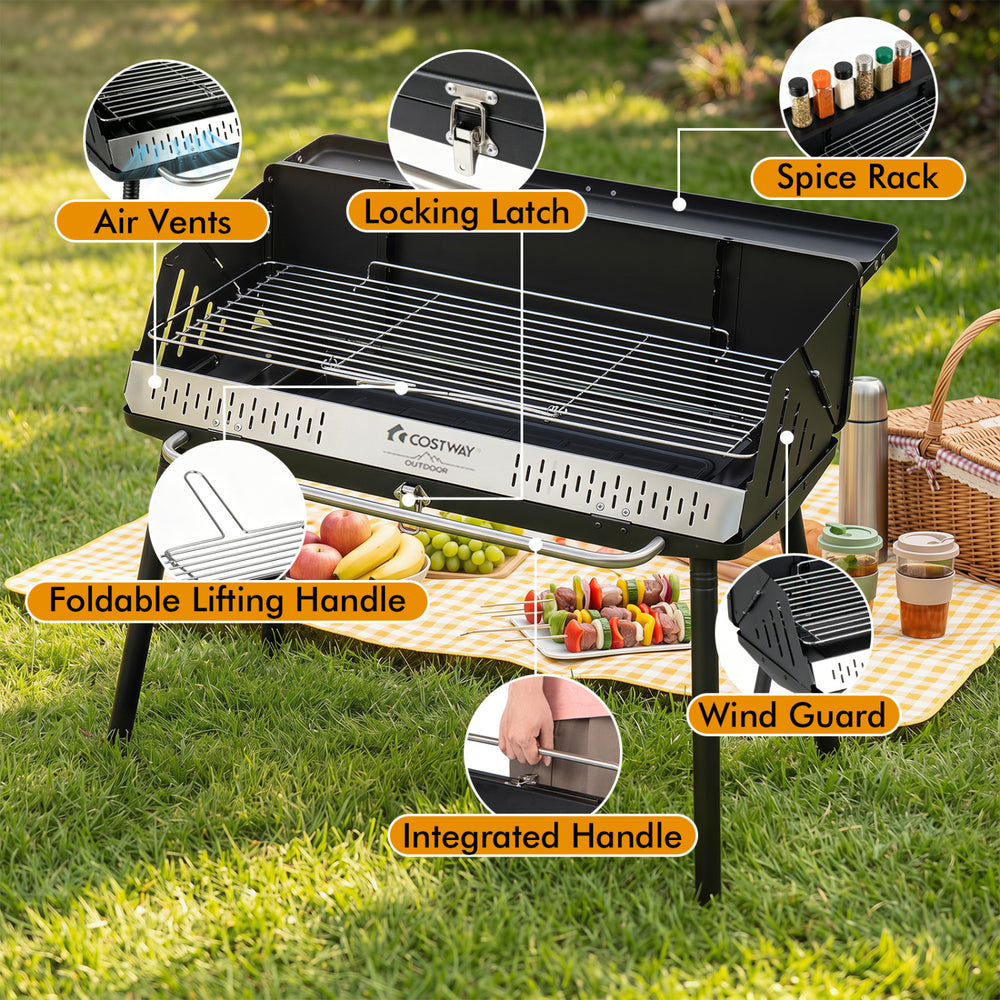 Portable charcoal grill with adjustable grate, spice rack, and wind guard, perfect for camping and tailgating.
