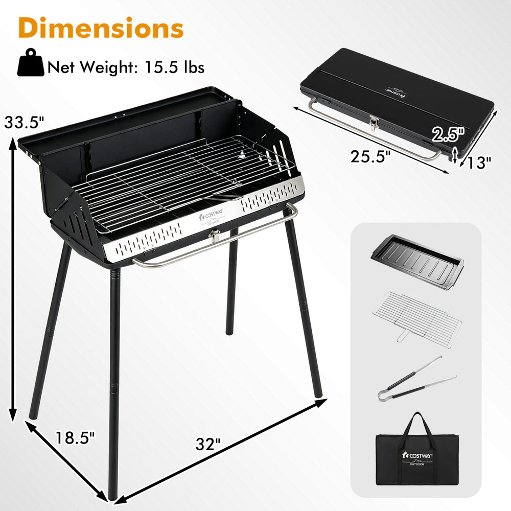 Portable charcoal grill with detachable legs, adjustable grate, and carrying bag for easy transport and outdoor cooking.