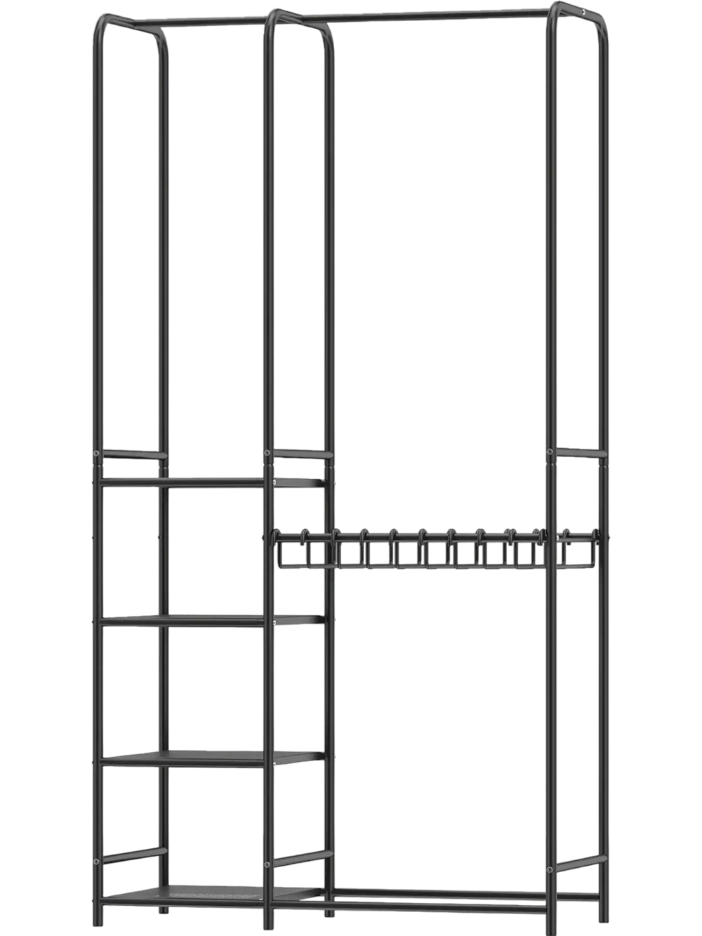Portable black closet with double hanging rods, adjustable pants hangers, and 4 shelves for versatile storage solutions.