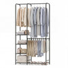 Portable black closet with double hanging rods, adjustable pants hangers, and four shelves for organized storage.