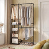 Portable black closet showcasing 4 open shelves for folded clothes and accessories, ideal for bedroom organization.