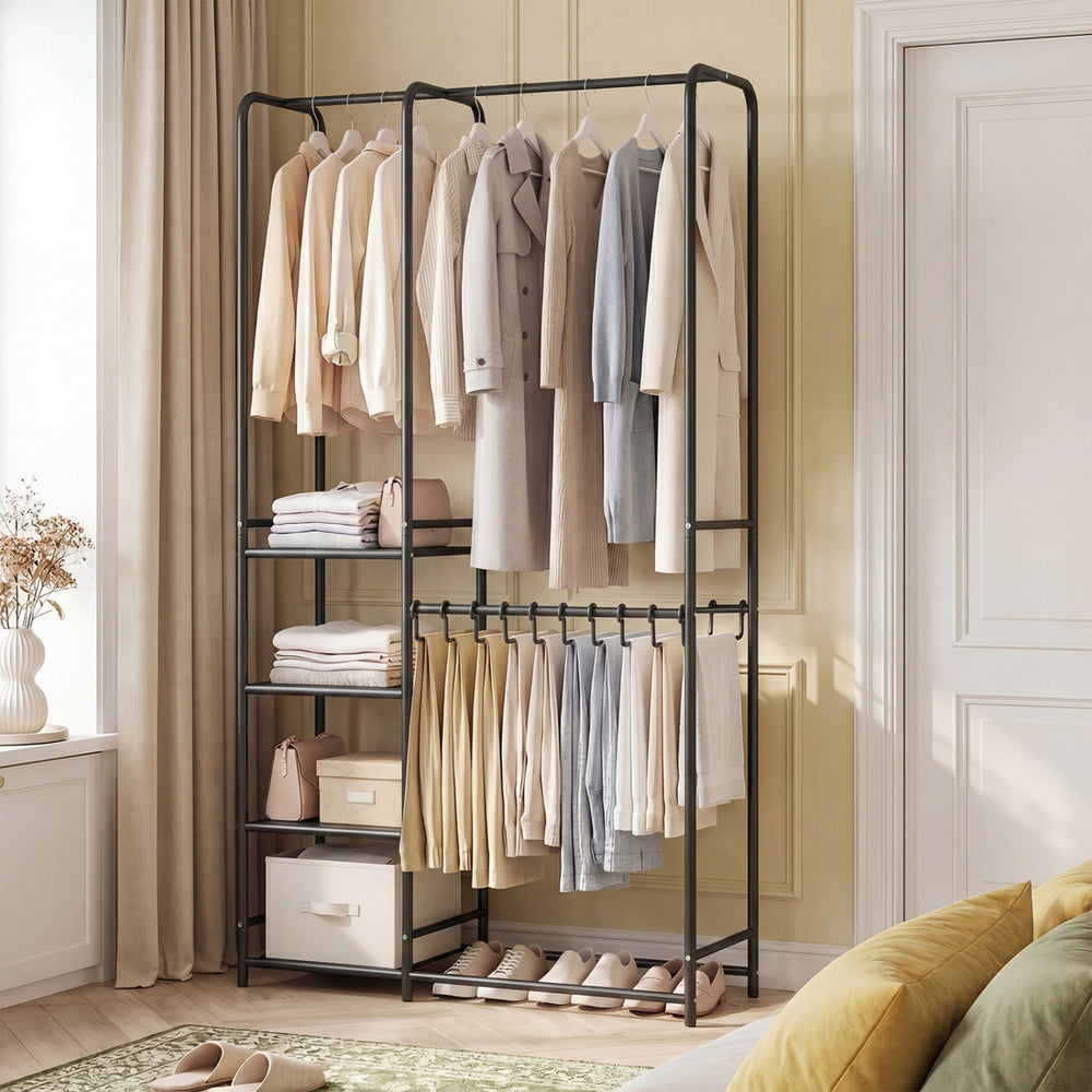 Portable black closet showcasing 4 open shelves for folded clothes and accessories, ideal for bedroom organization.