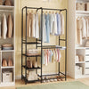 Portable black closet with double hanging rods, adjustable pants hangers, and four open shelves for versatile storage.
