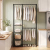 Portable black closet with double hanging rods and 4 shelves, ideal for organizing clothes and accessories in any room.