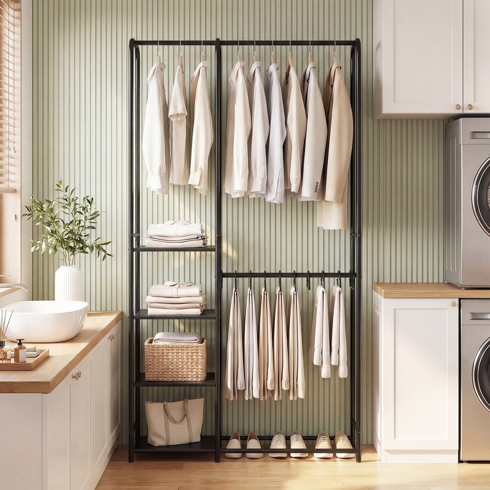 Portable black closet with double hanging rods and 4 shelves, ideal for organizing clothes and accessories in any room.