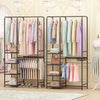 Portable black closet featuring double hanging rods, adjustable pants hangers, and four open storage shelves for.