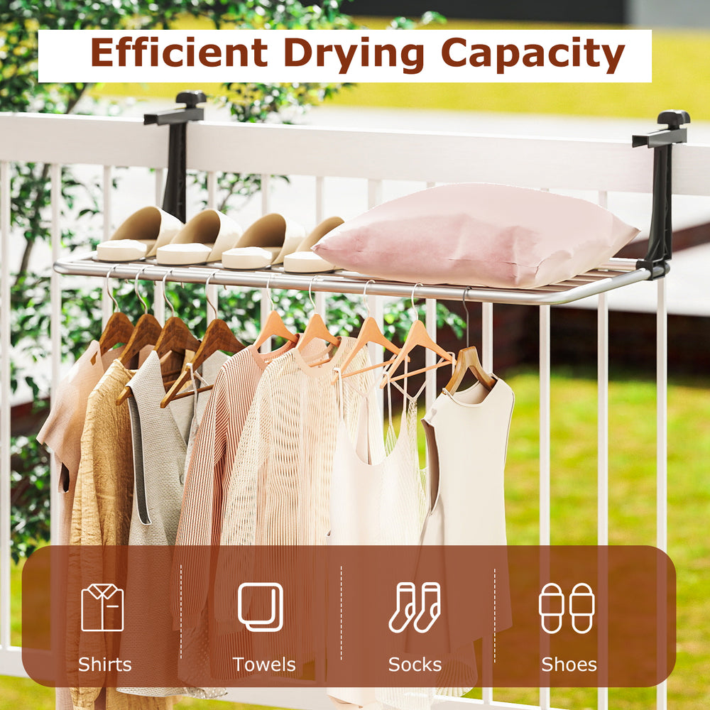Portable aluminum clothes drying rack with adjustable brackets, featuring multiple bars for efficient drying of shirts.