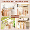 Portable aluminum clothes drying rack with adjustable brackets, suitable for indoor and outdoor use on various surfaces.