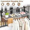 Portable clothes drying rack with aluminum frame, featuring retractable hooks for drying clothes, socks, towels, and.