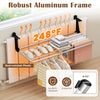 Portable clothes drying rack with robust aluminum frame, heat-resistant design, ideal for indoor and outdoor use.