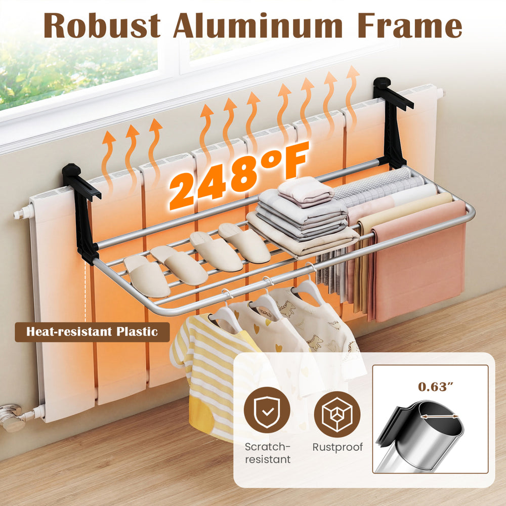 Portable clothes drying rack with robust aluminum frame, heat-resistant design, ideal for indoor and outdoor use.