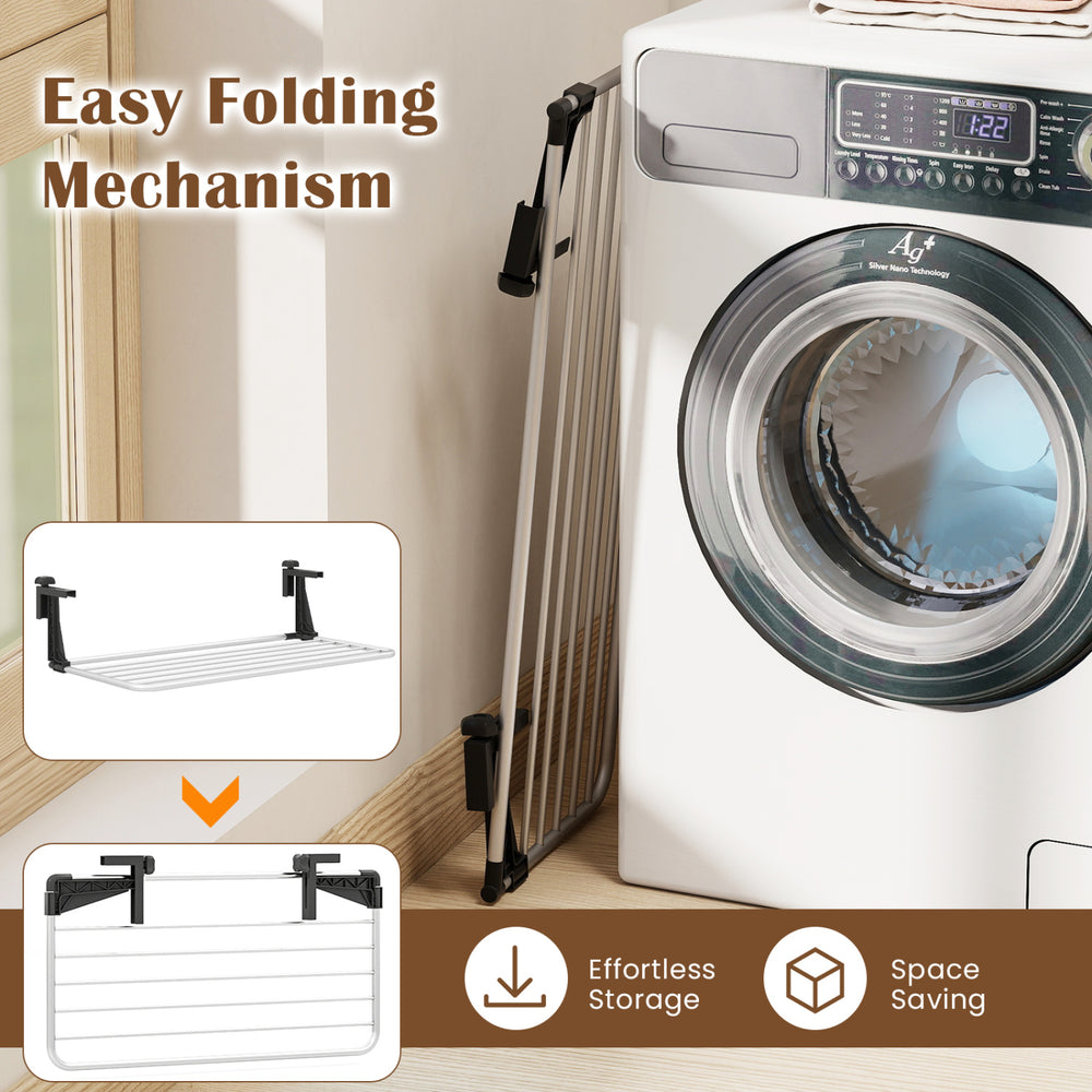 Portable clothes drying rack with foldable design and robust aluminum frame, ideal for indoor and outdoor drying needs.
