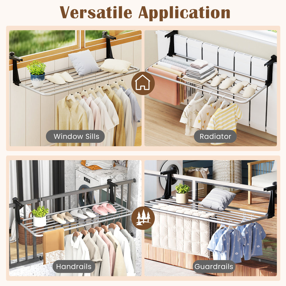 Portable clothes drying rack with extendable design, aluminum frame, ideal for indoor and outdoor drying needs.