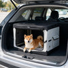 Portable collapsible soft dog crate with four mesh doors, removable mat, and storage pocket for travel convenience.