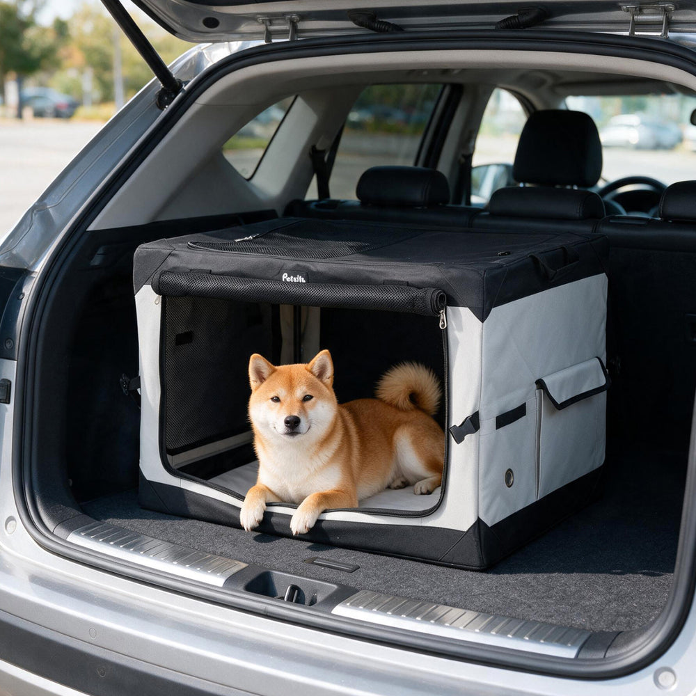 Portable collapsible soft dog crate with four mesh doors, removable mat, and storage pocket for travel convenience.