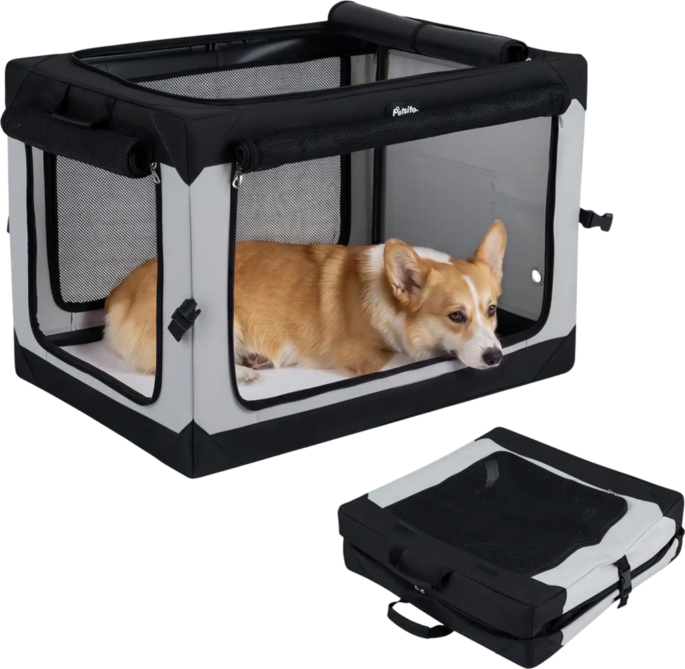 Portable collapsible soft dog crate features sturdy metal tubes, anti-slip foot pads, and a built-in leash for safety.