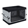 Portable collapsible soft dog crate with 4 mesh doors, removable mat, and storage pocket for convenient travel and use.