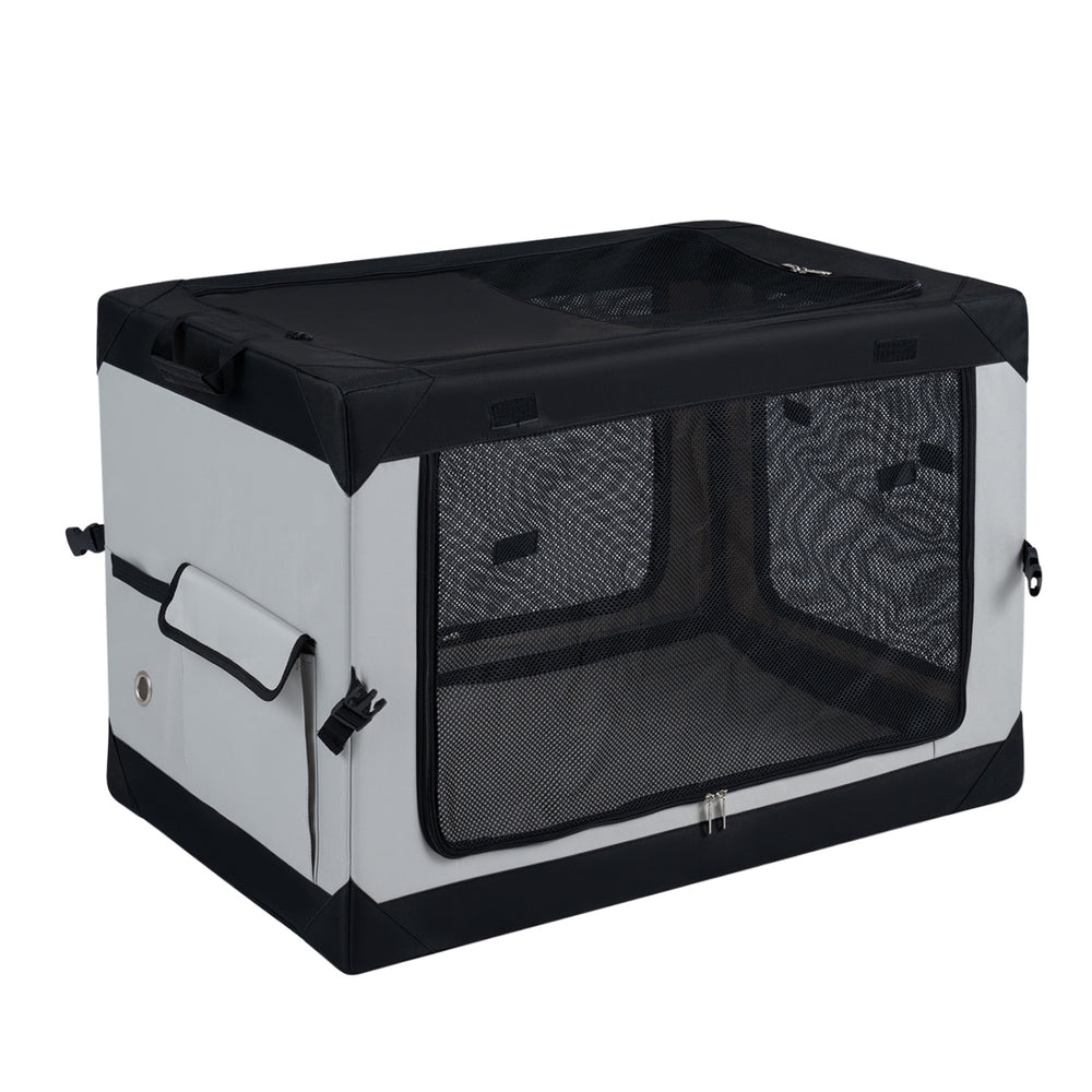 Portable collapsible soft dog crate with 4 mesh doors, removable mat, and storage pocket for convenient travel and use.