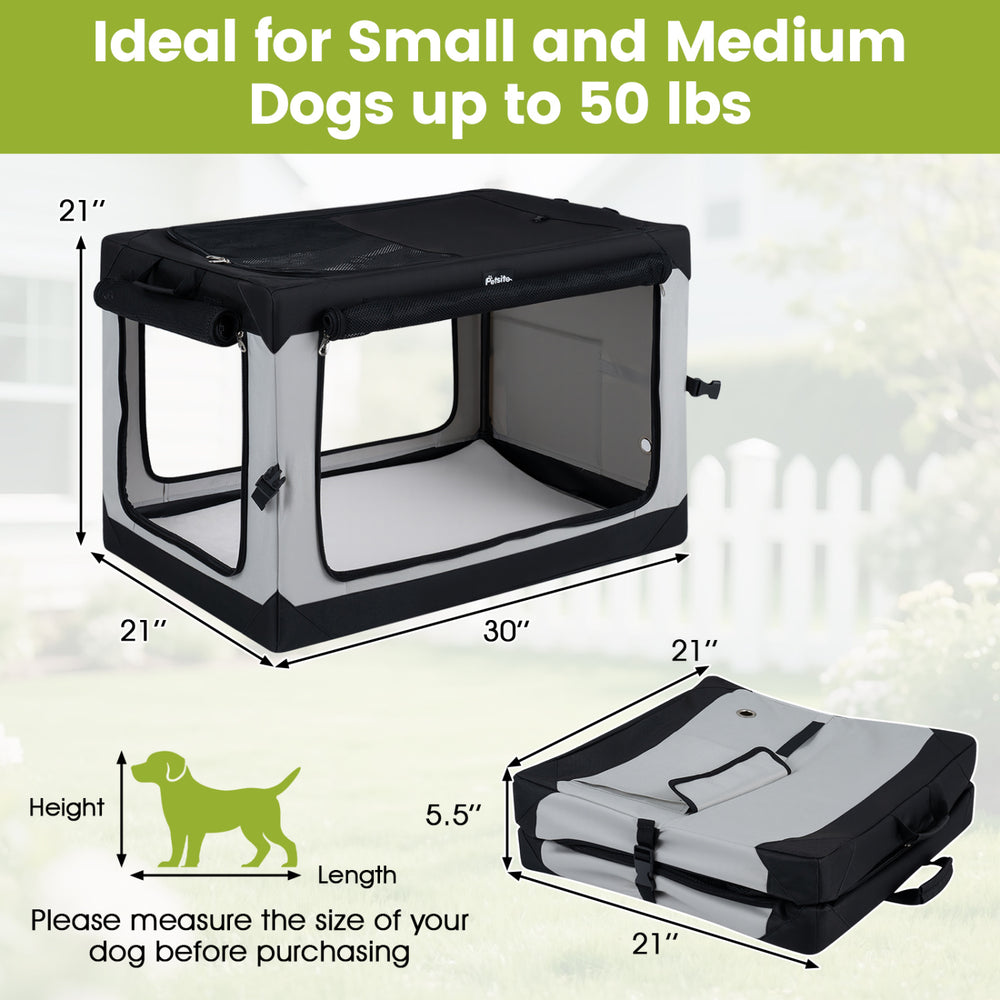 Portable collapsible soft dog crate with 4 mesh doors, removable mat, and storage pocket for small to medium dogs.