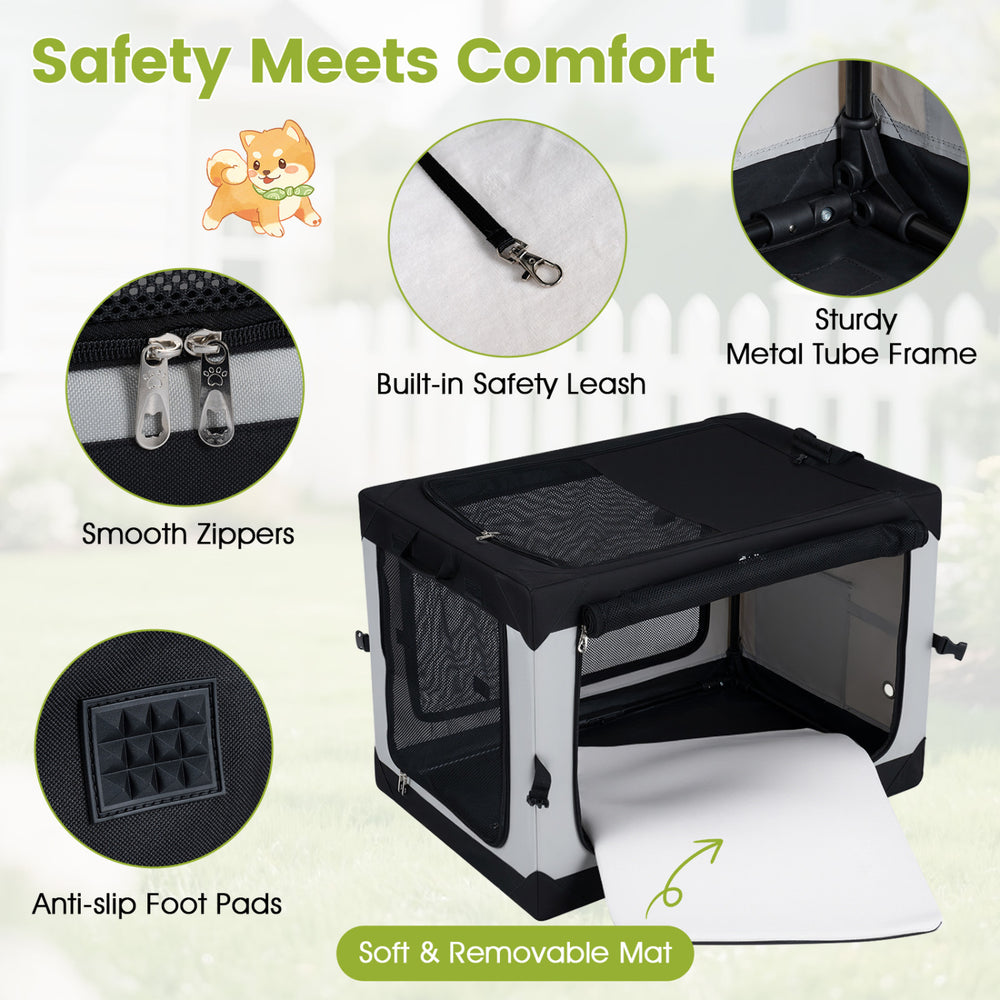 Portable collapsible soft dog crate with 4 mesh doors, sturdy metal frame, and removable mat for indoor and outdoor use.