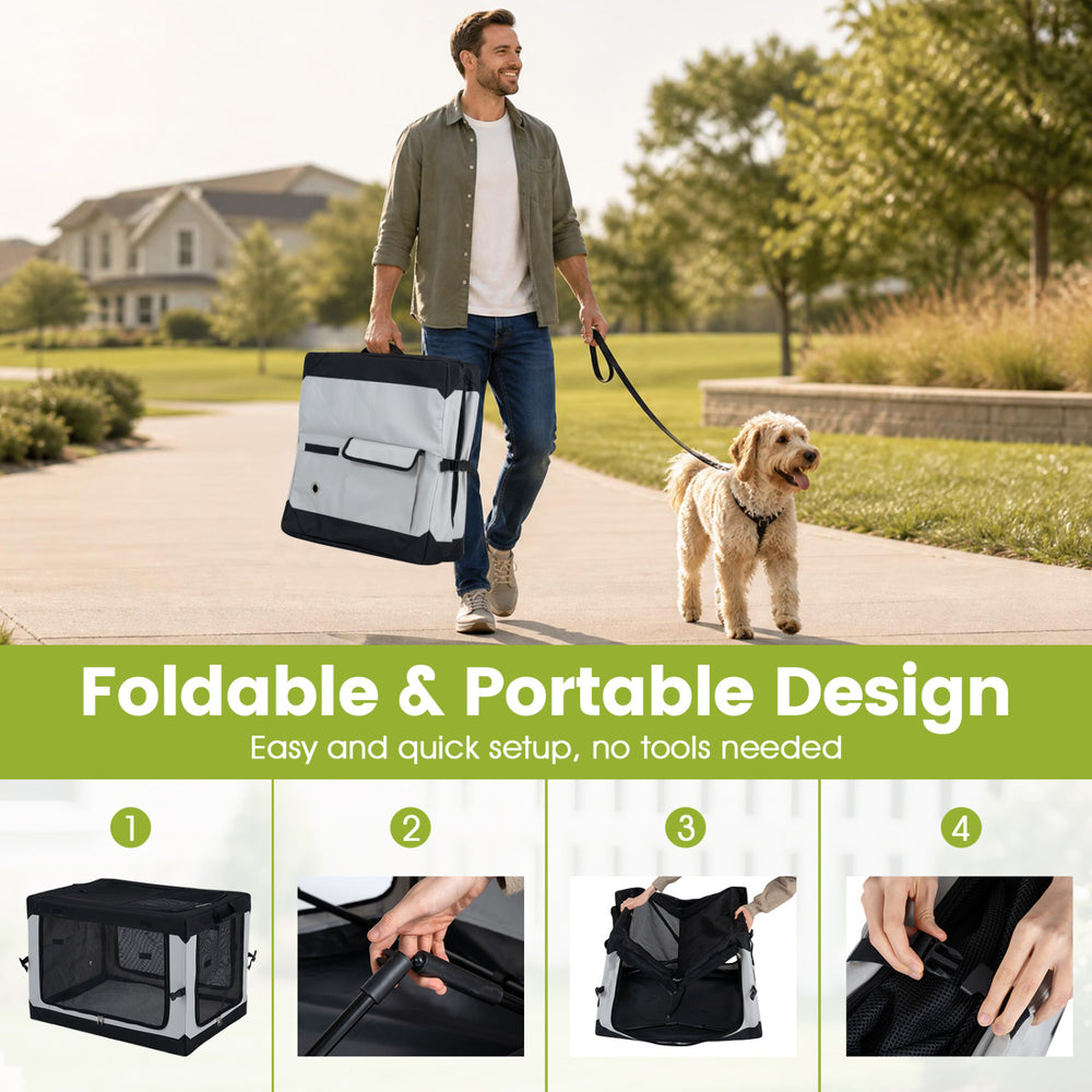 Portable collapsible soft dog crate features 4 mesh doors and a removable mat, ideal for travel and outdoor use.