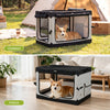 Portable collapsible soft dog crate with 4 mesh doors, removable mat, and storage pocket for indoor and outdoor use.