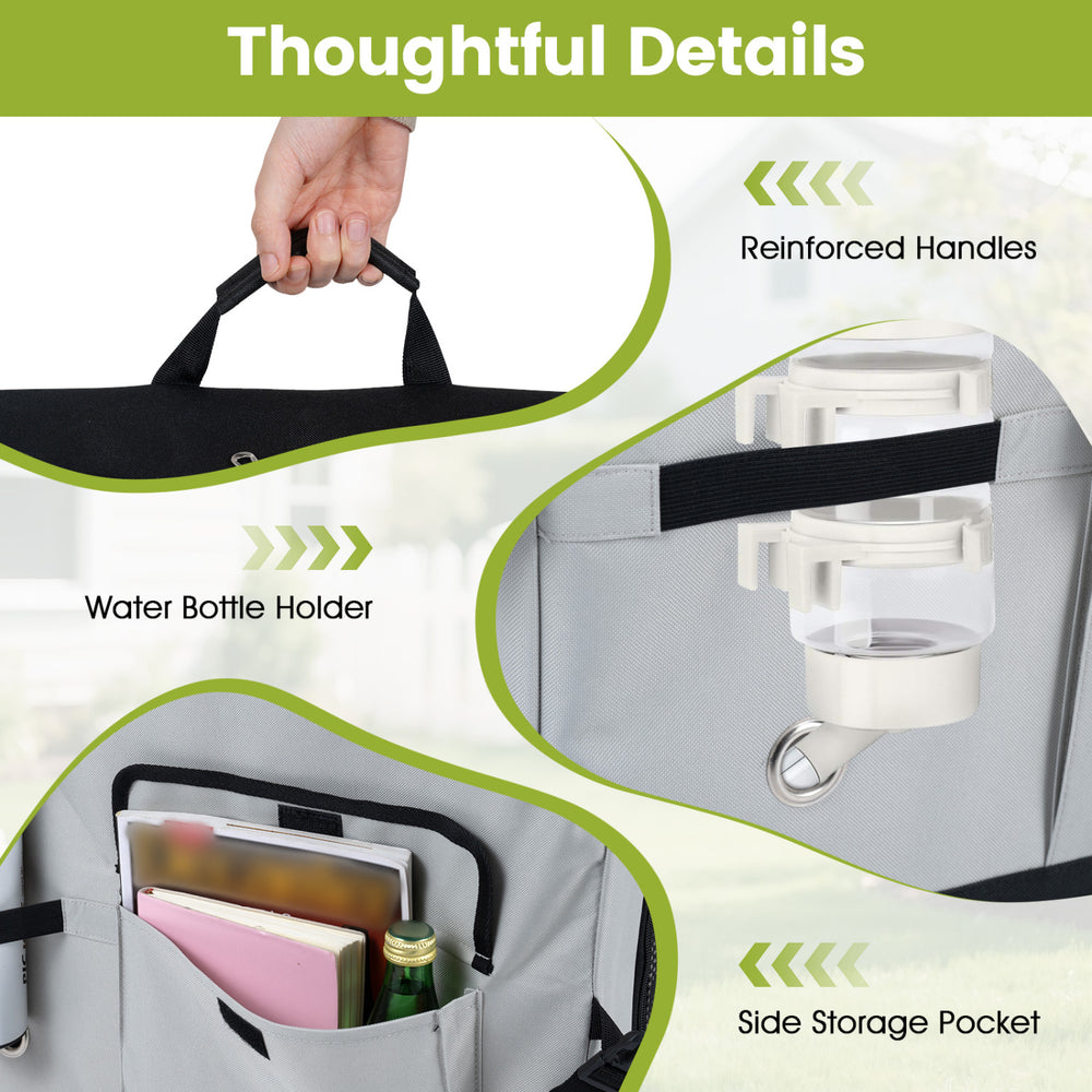 Portable collapsible dog crate features reinforced handles, a water bottle holder, and a side storage pocket for convenience.