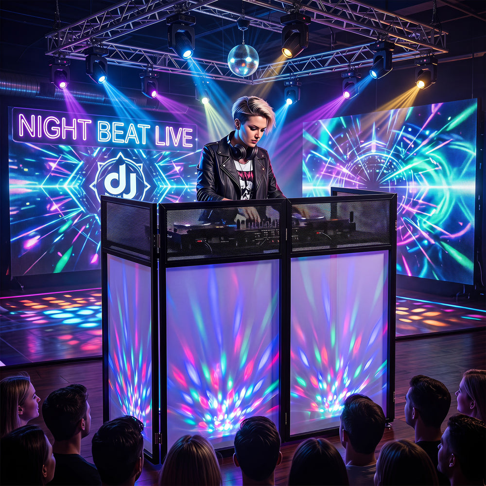 Portable DJ booth in black with adjustable feet and detachable tabletop, featuring scrims for cable management and lighting.