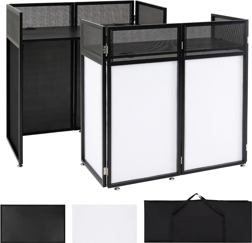 Portable DJ booth in black with adjustable feet, featuring detachable tabletop and versatile scrims for lighting effects.