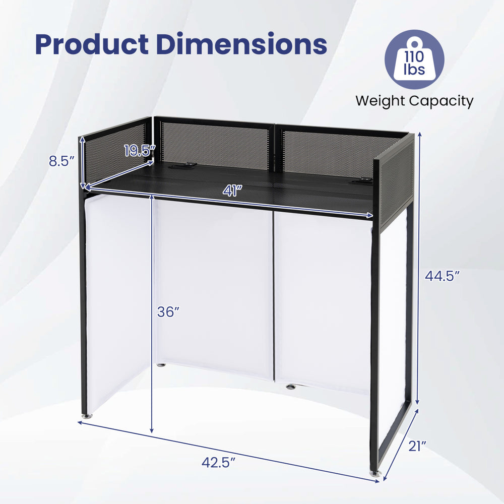 Portable DJ booth dimensions showing a black tabletop with adjustable feet and scrims for a clean stage look.