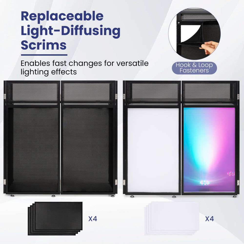 Black and white replaceable light-diffusing scrims for the Portable DJ Booth enable versatile lighting effects and cable management.