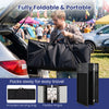 Portable DJ booth in black with adjustable feet, fully foldable design, and included carrying bag for easy travel.