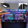 Spacious black portable DJ booth features a ventilated metal mesh tabletop and cable management holes for a tidy setup.