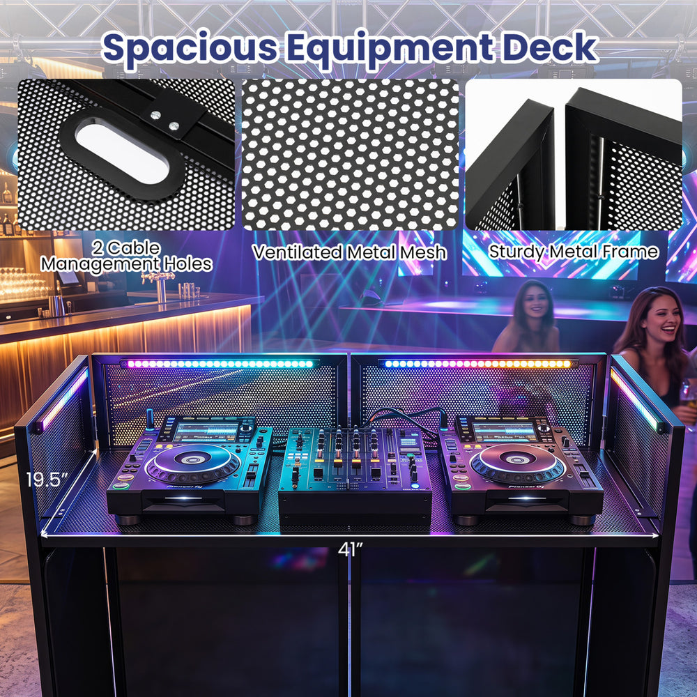 Spacious black portable DJ booth features a ventilated metal mesh tabletop and cable management holes for a tidy setup.