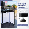 Portable DJ booth features adjustable foot pads for stability, with black scrims for a clean stage look and versatile lighting.