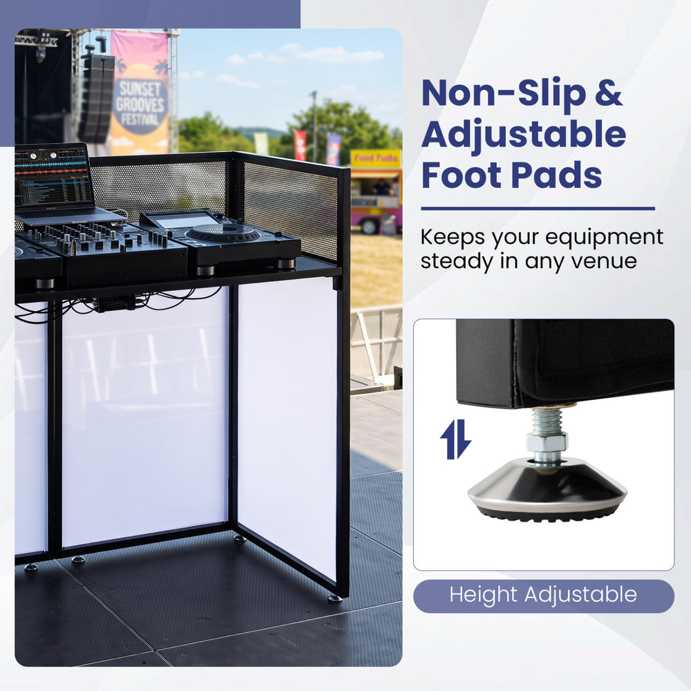 Portable DJ booth features adjustable foot pads for stability, with black scrims for a clean stage look and versatile lighting.
