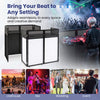 Portable DJ booth in black with adjustable feet, featuring scrims for cable management and versatile lighting effects.