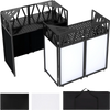 Portable DJ booth featuring black scrims and white screens, foldable design, and carrying bag for easy transport.