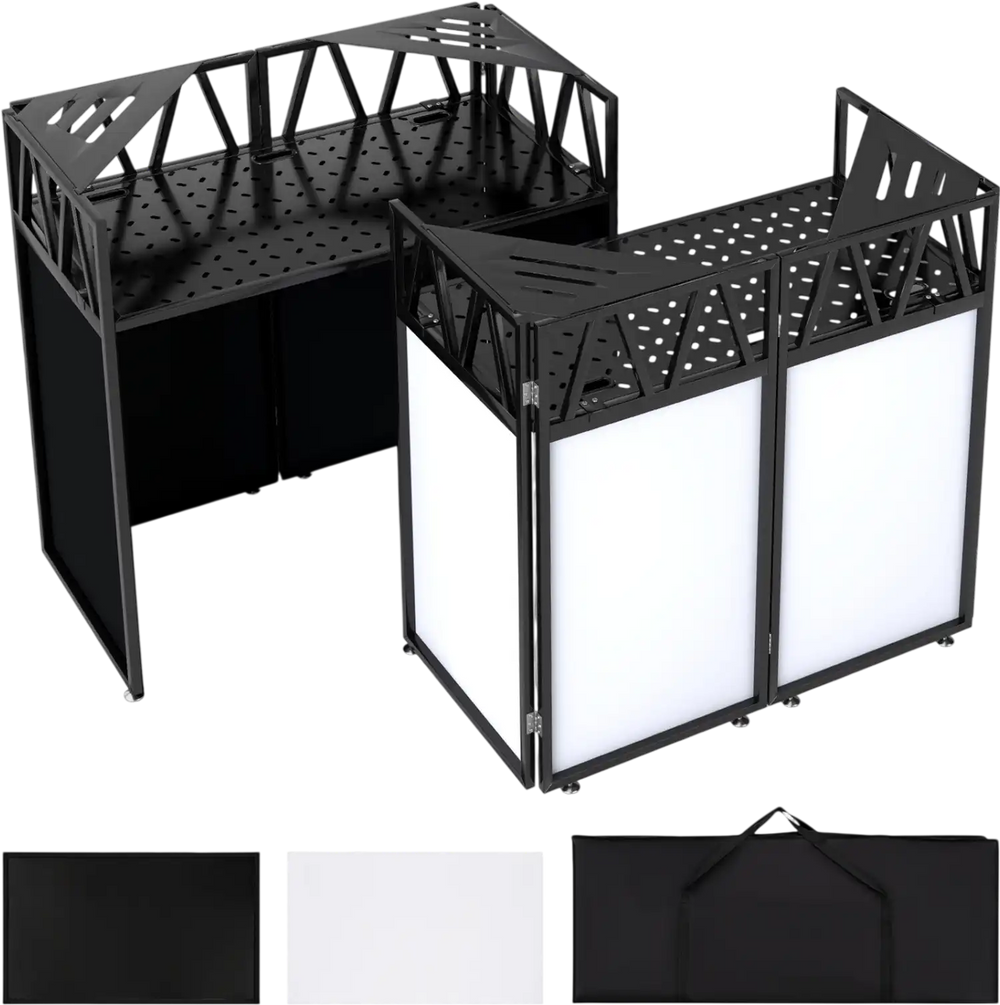 Portable DJ booth featuring black scrims and white screens, foldable design, and carrying bag for easy transport.