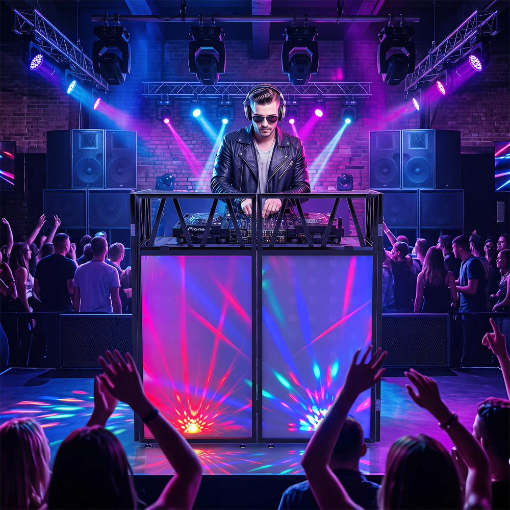 Portable DJ booth with black scrims, featuring a foldable design and cable management for a tidy stage setup.
