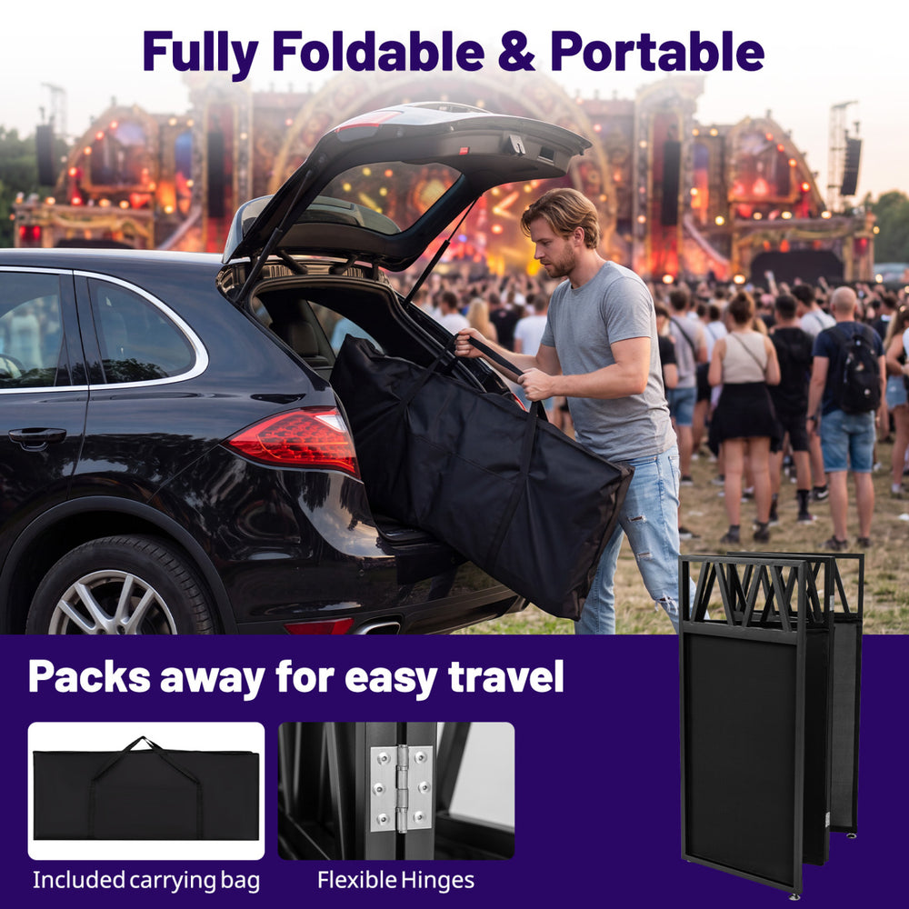 Portable DJ booth with black scrims, fully foldable design, and carrying bag for easy travel and versatile setup.