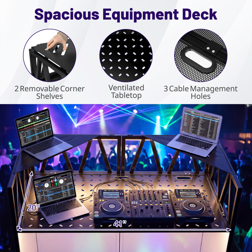 Spacious portable DJ booth with ventilated tabletop, removable corner shelves, and cable management for a tidy setup.