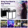 Portable DJ booth with black scrims and carrying bag, featuring foldable design and adaptable for any event setting.