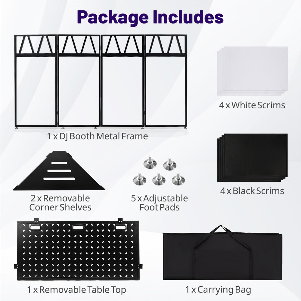 Portable DJ booth frame with black scrims, removable shelves, and carrying bag for versatile stage setups.
