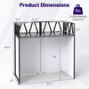Portable DJ booth dimensions showing a foldable design with black scrims and a weight capacity of 110 lbs.