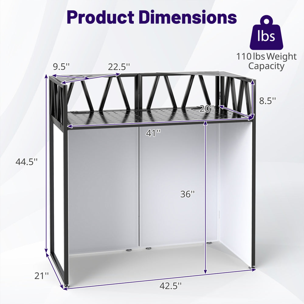 Portable DJ booth dimensions showing a foldable design with black scrims and a weight capacity of 110 lbs.