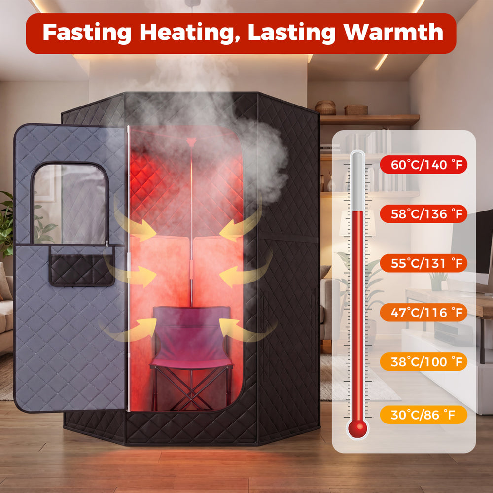 Portable far infrared sauna box in black with steam, showcasing heating features and temperature gauge for home use.